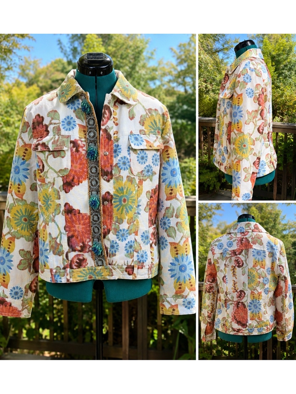 Sonia Bogner Womens 12 Floral Beaded Jacket Silk Trim Multicolor Czech
